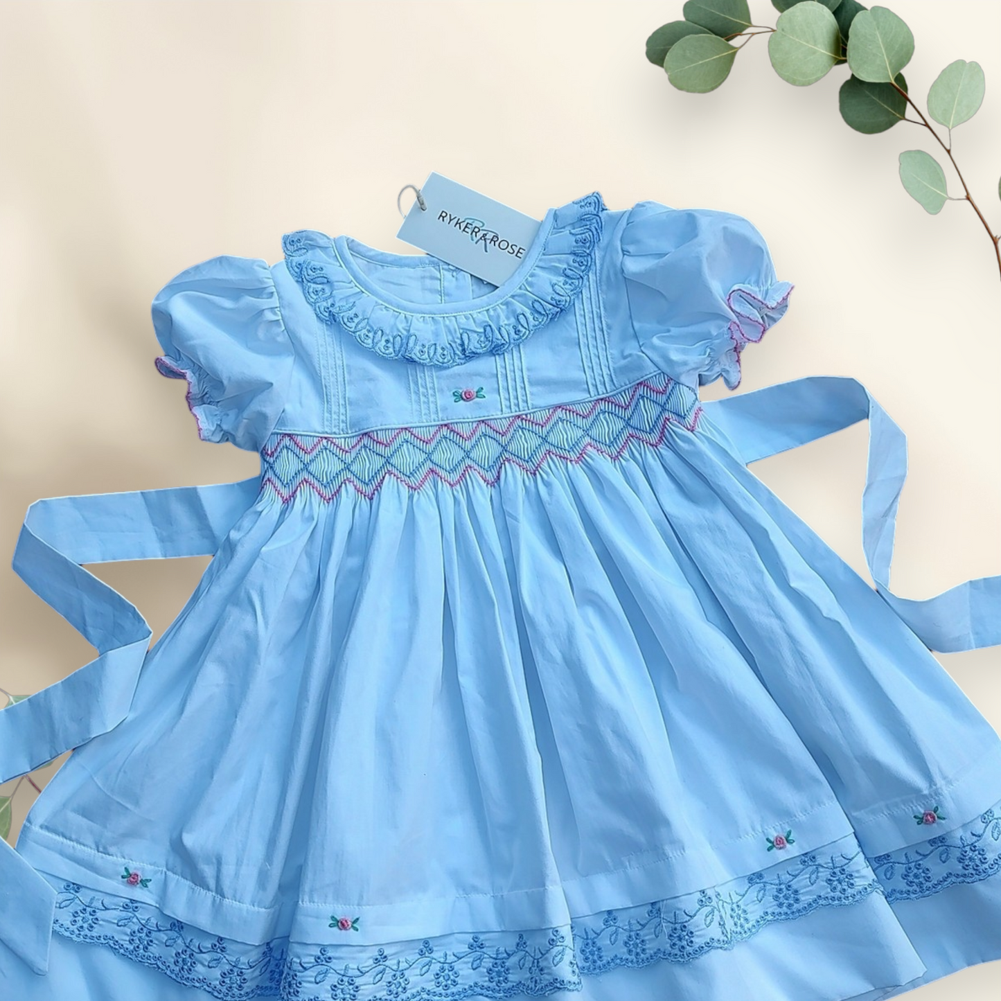 White with Geometric Blue Smocking