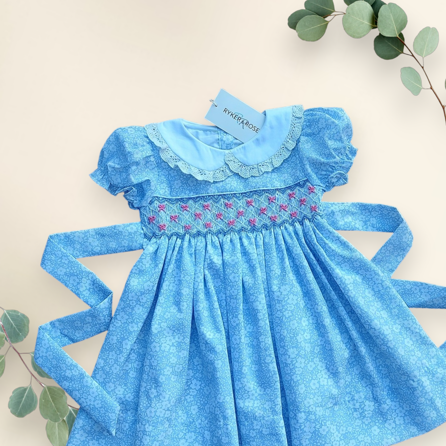Floral Blue with Geometric Smocking