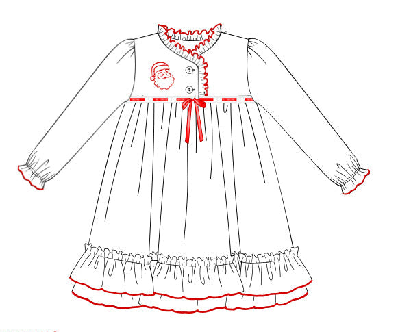 Children's dress with red trim and Santa face design on a white background