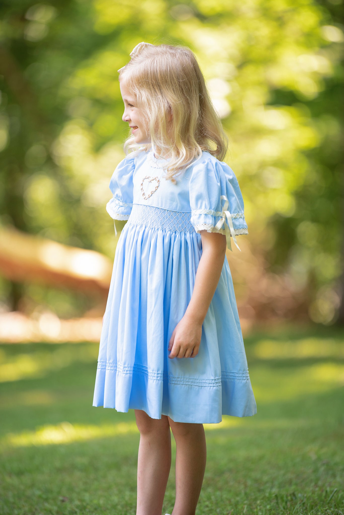 Blue Geometric Dress with Heart Emboidery