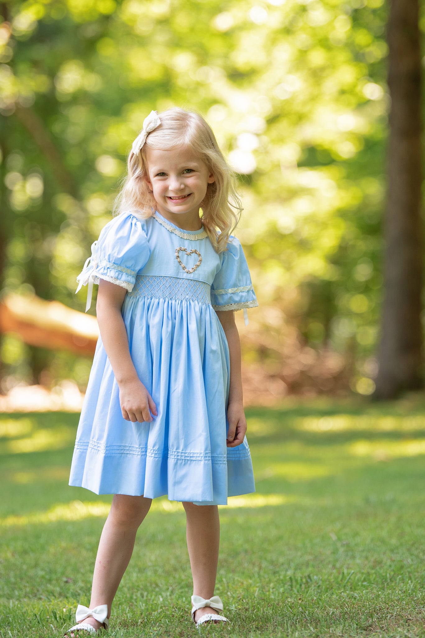 Blue Geometric Dress with Heart Emboidery