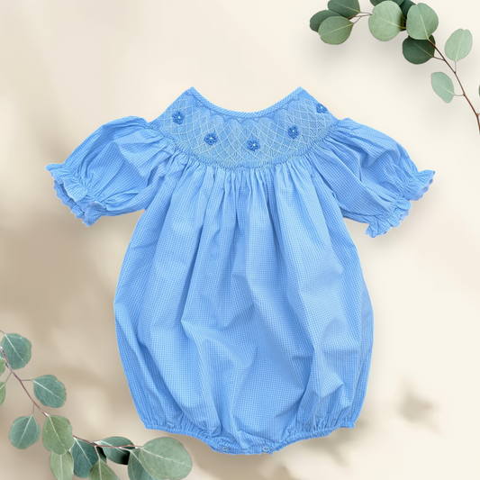 Gingham Blue with Geometric Smocking - Bubble