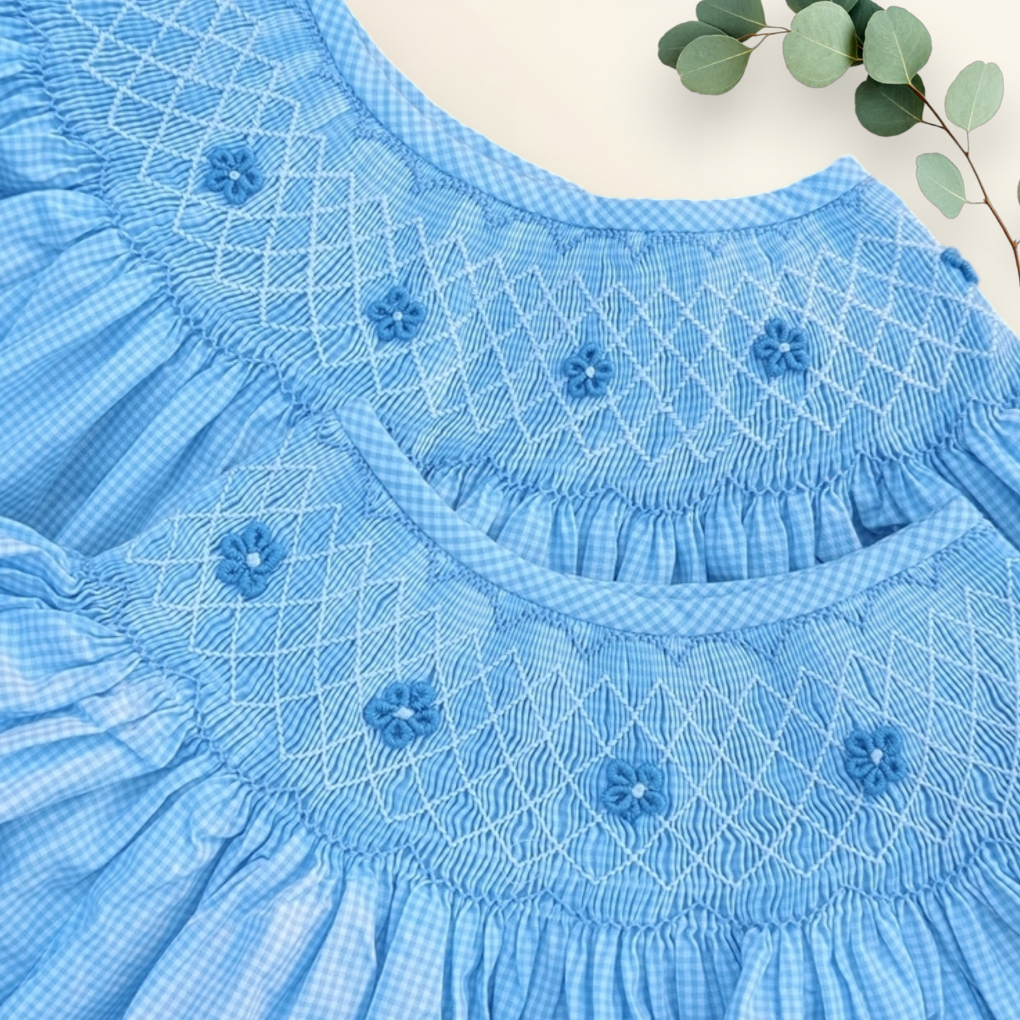 Gingham Blue with Geometric Smocking - Bubble