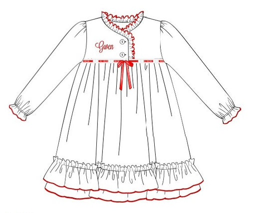 Outline of a children's dress with red details on a white background