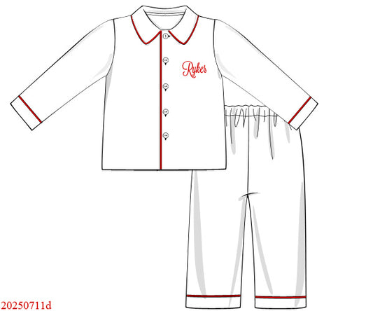 White pajama set with red trim on a white background